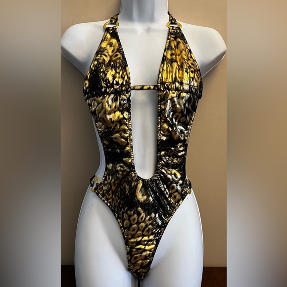 NEW Medium Gold and Black animal print, cut out bathing suit. - Picture 1 of 7